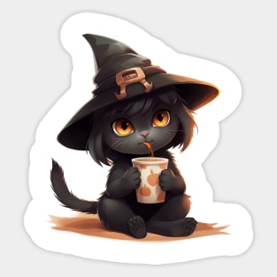 Cartoon black cat wearing a witch hat. Sticker